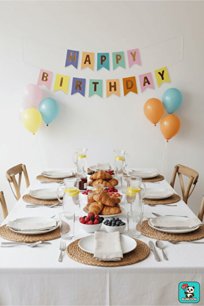 Bunloon Makaron Gold Happy Birthday Written Banner – Stylish Birthday Lettering in Pastel Tones