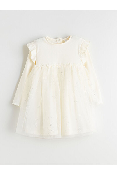 LC Waikiki Ecru Crew Neck Baby Girl Princess Dress