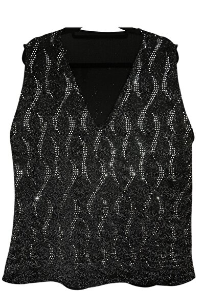 Hayalet Custom Made Glittering Sequin Embroidered V-Neck Sleeveless Lycra Evening Dress Blouse