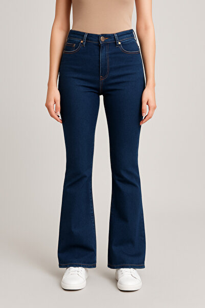 DELDNM Blugi Fenna pentru femei, albastru închis talie înaltă evazat L materi...