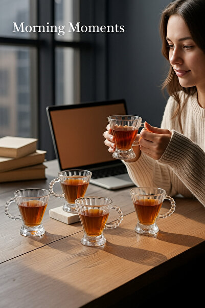 Kezze 6 Adet Boncuk Kulplu Çay Bardağı, Isıya Dayanıklı Sunum Bardağı (160 ML)