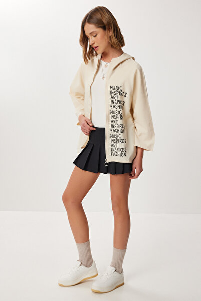 Lovelyİstanbul Printed Hooded Raw Linen Jacket Lsa0018 Cream