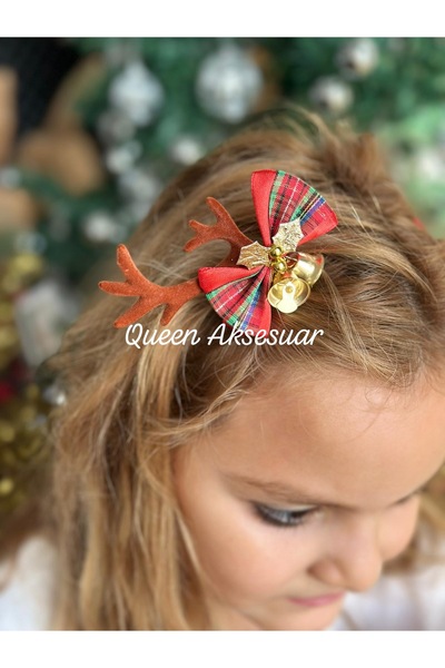 QUEEN AKSESUAR 2’li süet Yılbaşı geyiği Geyik Boynuzlu Pens Toka seri zilli ekose fiyonk süslü