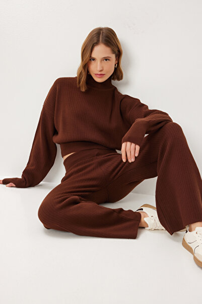 Lovelyİstanbul Finger Interlocking Sweater Pants Knitwear Set Lci0039 Brown
