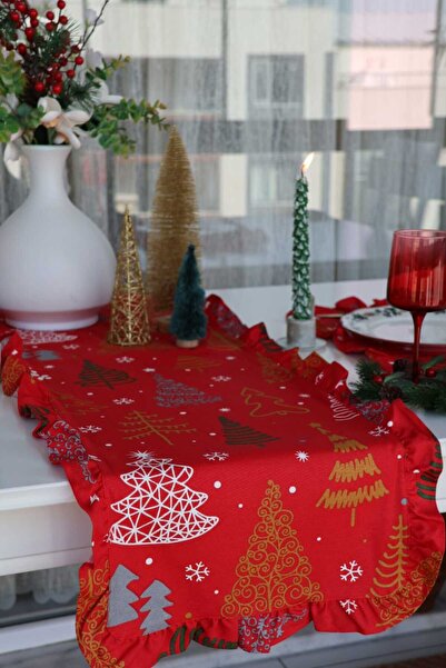 vintagetasarım Christmas Concept Runner Pine Tree with Red Ruffles 40X125Cm