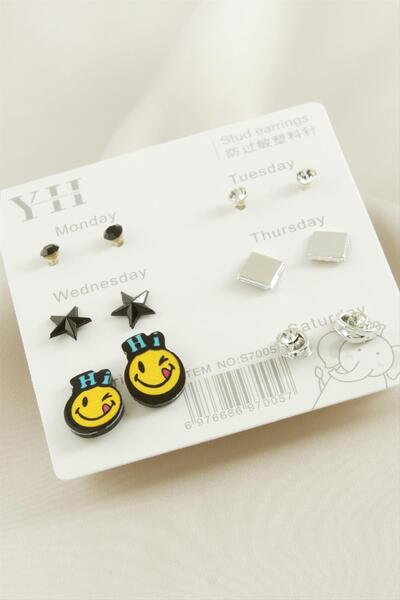 ZERO LAND Nrzsnt 12 Pieces Emoji Metal Stone (230805) Earrings-Silver Color