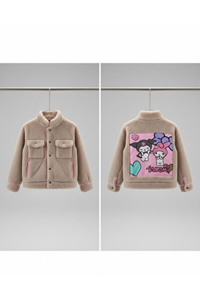 YusGos Buttoned Mock Neck Plush Fleece Printed Girls' Coat