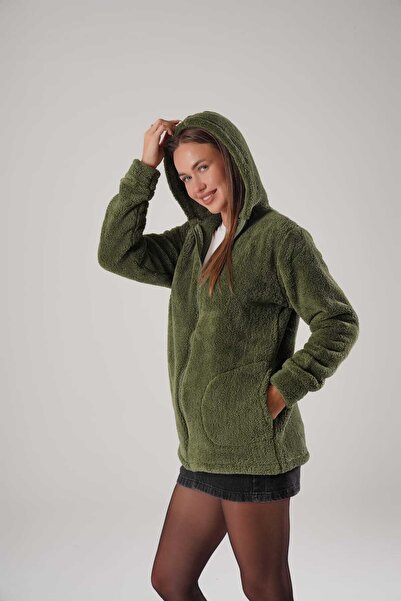 EtkiModa Women's Khaki Hooded Plush Jacket