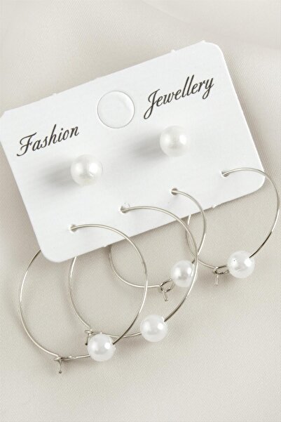 ZERO LAND Nrzsnt 6 Pcs Pearl Hoop Earrings 2.5 (234652) Cm-Silver Color