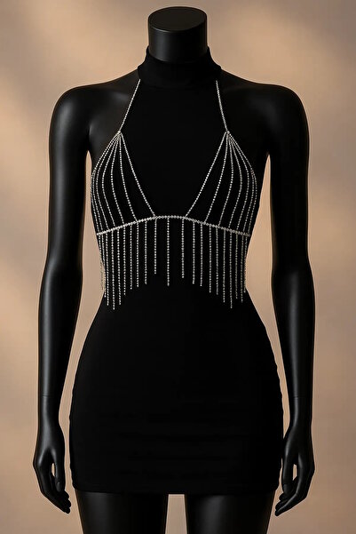 CAŞ DEKORASYON Silver Color Stone Bikini Top Bralet Body Accessory