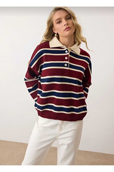 NOTCHTR Women's Striped Polo Neck Button Detailed Knitwear Sweater