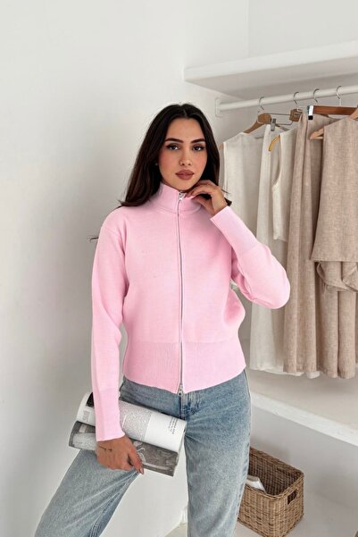 Noi Belis Basic Double Zipper Detailed Mock Neck Knitwear Cardigan Aw25Hi0054