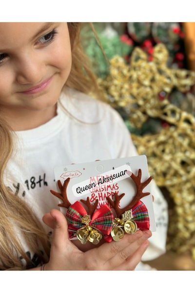 QUEEN AKSESUAR 2’li süet Yılbaşı geyiği Geyik Boynuzlu Pens Toka seri zilli ekose fiyonk süslü
