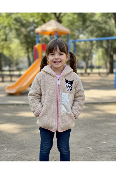 YusGos Zippered Hooded Plush Fleece Printed Girls' Coat