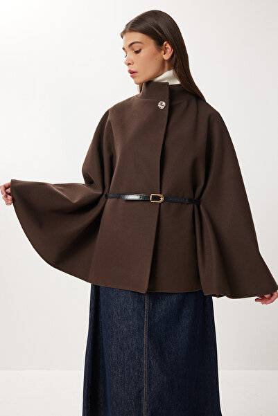 Lovelyİstanbul Belted Buttoned Cashmere Poncho Lnt0013 Brown
