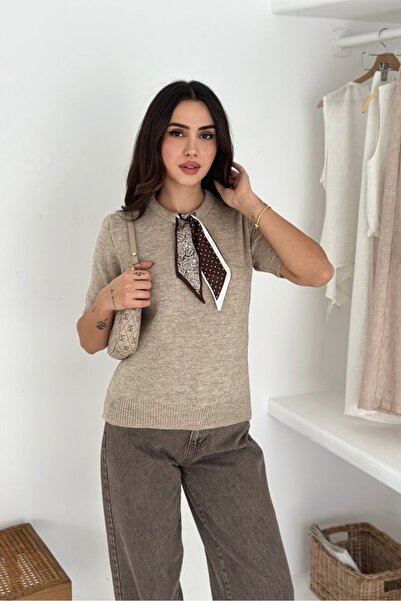 Noi Belis Ribbon Detailed Short Sleeve Soft Textured Knitwear Sweater Aw25Kz0072