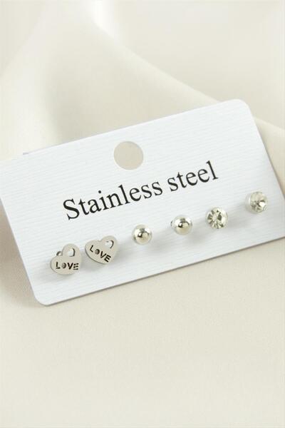 ZERO LAND Nrzsnt 6 Pieces Love Written Heart Stone Steel (230813) Earrings-Silver Color