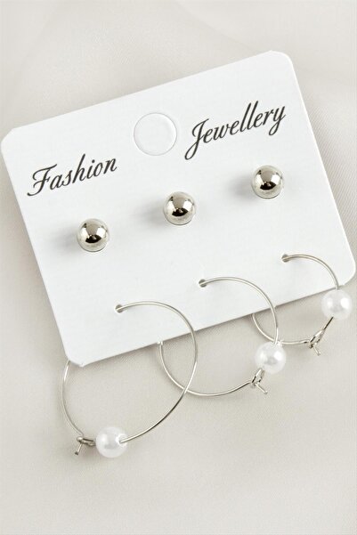 ZERO LAND Nrzsnt 6 Pcs Pearl Hoop Earrings 2.5 (234647) Cm-Silver Color