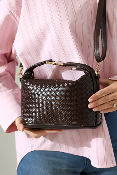 Encool Brown Women's Leather Knitted Patterned Shoulder and Hand Bag – Casual, Stylish and Trendy Model