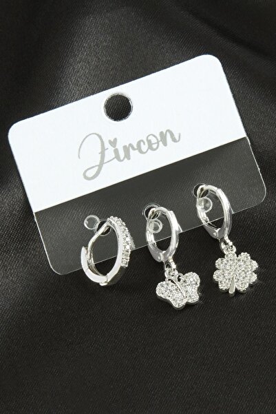 ZERO LAND Nrzsnt 3 Pcs Butterfly Clover Zircon Stone (231010) Earrings-Silver Color