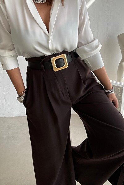ELVAN TOLON Brown Gold Buckle Belted Trousers