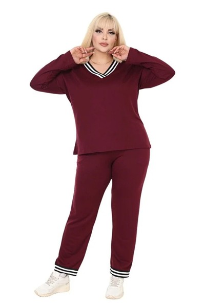 Hazinedan Women's Burgundy Large Size Collar Stripe Detailed Long Sleeve Elastic Waist V-Neck Tracksuit Set