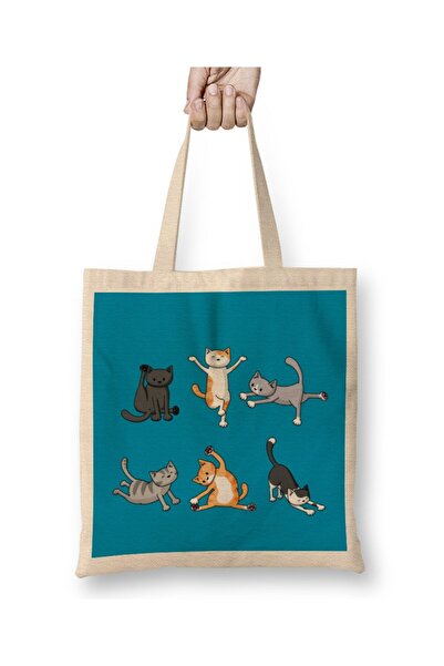 Toyaso Τσάντα για ψώνια Yoga Cat Cat White Tote Bag με μακριά λαβή