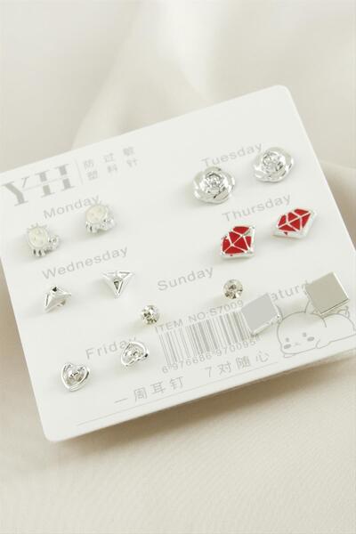 ZERO LAND Nrzsnt 14 Pcs Mixed Metal Stones (230809) Earrings-Silver Color
