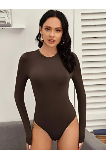 bysoca Kadın Kahverengi Bisiklet Yaka Uzun Kollu Vücudu Saran Sandy Kumaş Basic Tanga Bodysuit