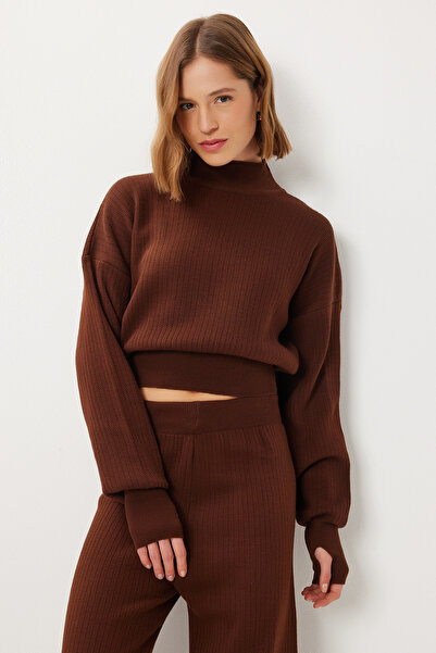 Lovelyİstanbul Finger Interlocking Sweater Pants Knitwear Set Lci0039 Brown