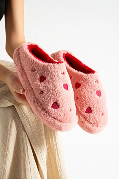 Solario Love Kalp Desenli Peluş İçi Tüylü Kaydırmaz Taban Rahat Pofuduk Çeyiz...