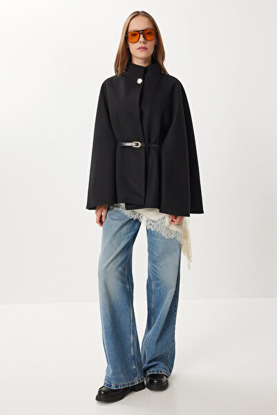 Lovelyİstanbul Belted Buttoned Cashmere Poncho Lnt0013 Black