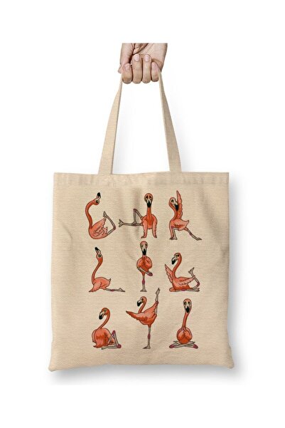 Toyaso Τσάντα αγορών Flamingo Yoga White Tote Bag με μακριά λαβή Τσάντα παραλίας