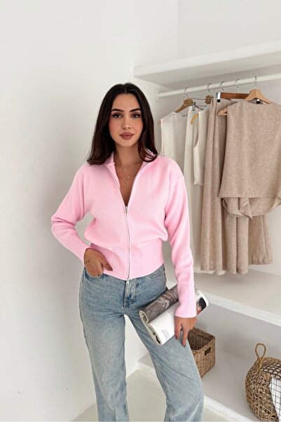 Noi Belis Basic Double Zipper Detailed Mock Neck Knitwear Cardigan Aw25Hi0054