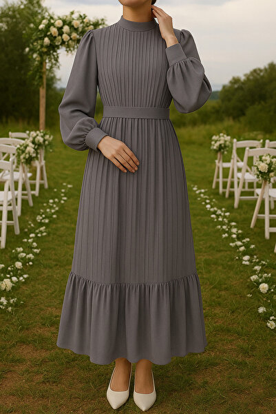 Sura Fashion Pleated Balloon Sleeve Chiffon Dress