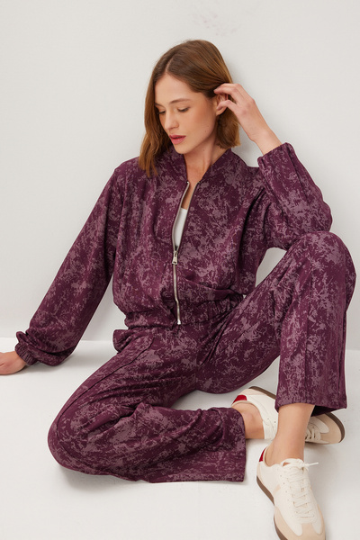 Lovelyİstanbul طقم محبوك منقوش بسحاب من الأعلى والأسفل LCI0053 MÜRDÜM