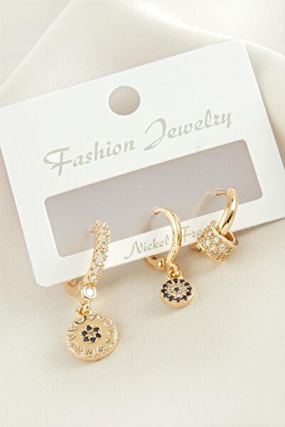 ZERO LAND Nrzsnt 3 Pieces Evil Eye Zircon (235547) Stone Earrings-Yellow