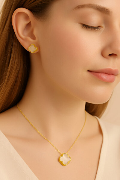 Siset Gümüş 925 Ayar Sarı Altın Kaplama Taşlı Yonca Model Kolye Küpe Gümüş Ta...