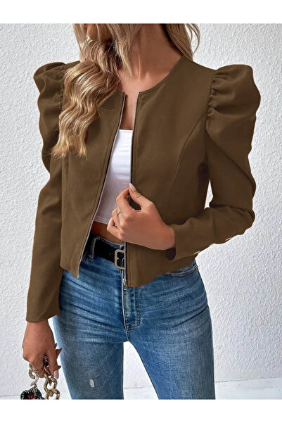 babatr.com Women's Long Sleeve Front Zipper Balloon Sleeve Suede Jacket