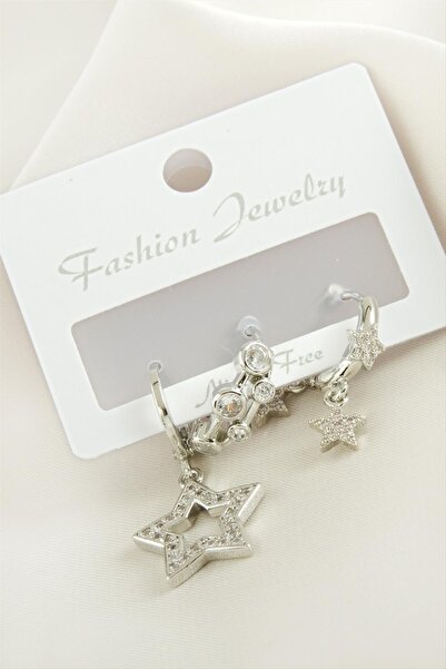 ZERO LAND Nrzsnt 3 Pieces Star Zircon Stone (00842) Earrings-Silver Color