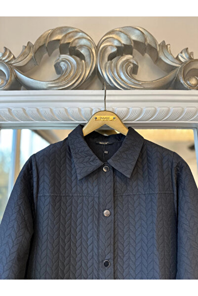 Invee Patterned Quilted Overcoat with Snap Closure - Black