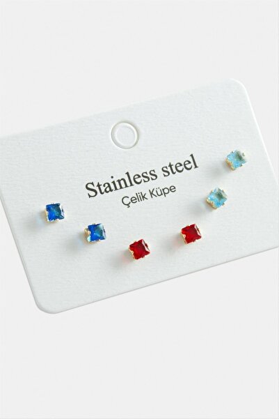 ZERO LAND Nrzsnt 6 Pieces Square Zircon Single Stone (235836) Steel Earrings-Yellow