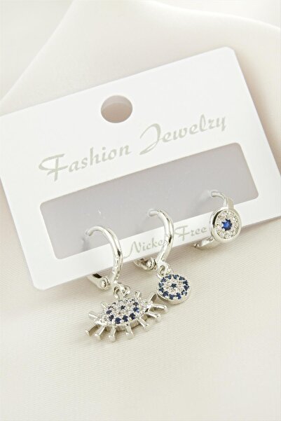 ZERO LAND Nrzsnt 3 Pieces Eye Evil Eye Zircon Stone (235558) Earrings-Silver Color