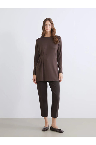 LC Waikiki Lcwaikiki Basic Brown Crew Neck Drawstring Women's Tunic