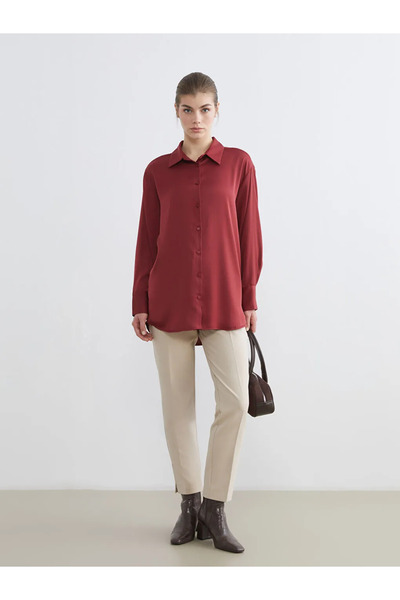 LC Waikiki Lcw Modest Burgundy Satin Women's Shirt Tunic