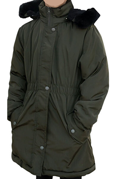 İrem Çocuk Giyim Girl's Khaki Elastic Waist Hooded Coat with Fur Trimmed Slee...