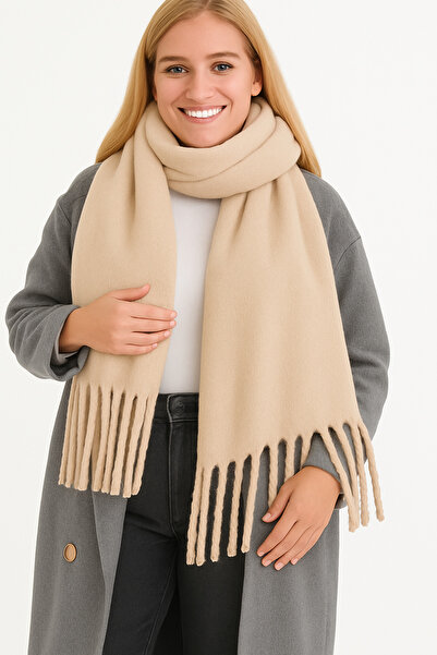 ZERAMİNE Women's Winter Tassel Scarf |   Soft Textured Thick Shawl - Soft Boucle Scarf - Pasta Model
