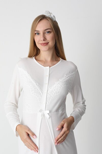 BLACKMORE Women's Ecru Special Sleeve and Collar Lace Design Maternity Nightgown Dressing Gown Set