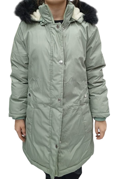 İrem Çocuk Giyim Girl's Mint Green Hooded Fur-Lined Plush Lined Zipper Snap C...
