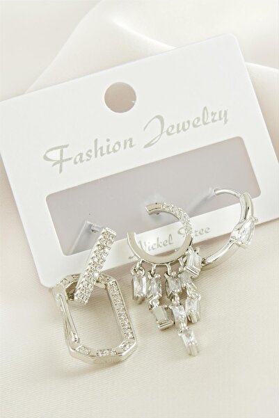 ZERO LAND Nrzsnt 3 Pieces Baguette Stone (00855) Earrings-Silver Color